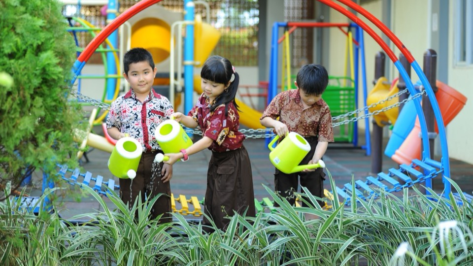 Children watering plants in a school garden