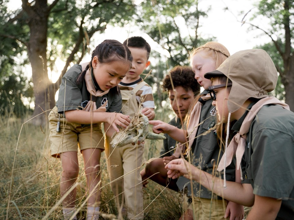 Children in scout-style outfits looking closely at plants in a meadow
